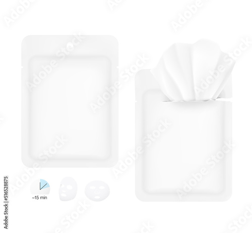 A sachet bag with a cosmetic mask. Vector illustration isolated on white background. Can be used for cosmetic mask and hygiene, medical. EPS10.	