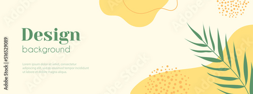 Minimalist long vector banner. Abstract organic floral summer tropical yellow background with copy space for text. Facebook cover template