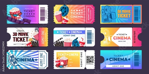 Movie tickets. Cinema event coupon with cartoon icons, retro entry admission ticket mockup design. Vector film festival invite banner collection photo