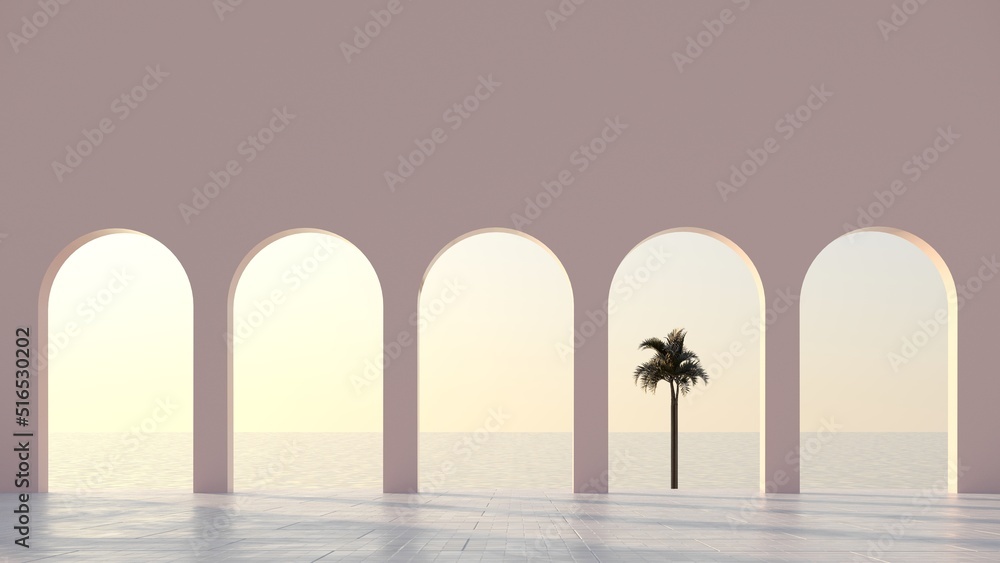 Abstract architectural design on the backdrop of the ocean with sunset and sunrise on the beach - 3d render. Bright arches in the wall overlooking the sea and tropical palm trees - card for travel.