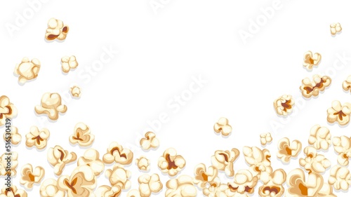Falling popcorn background. Cartoon movie banner with fun cinema snacks of various shapes, framing cover with flying popping corn. Vector illustration