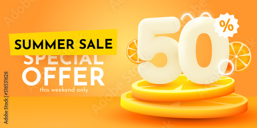 50 percent Off. Discount creative composition. Summer sale banner with orange. Sale banner and poster.