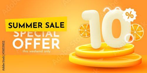 10 percent Off. Discount creative composition. Summer sale banner with orange. Sale banner and poster.