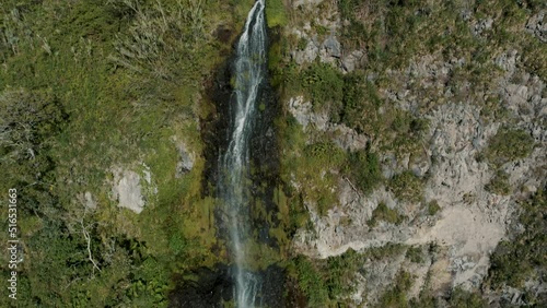 Aerial View Of Waterfall Manto de la Novia In Banos de Agua Santa, Ecuador - drone shot