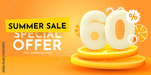 60 percent Off. Discount creative composition. Summer sale banner with orange. Sale banner and poster.