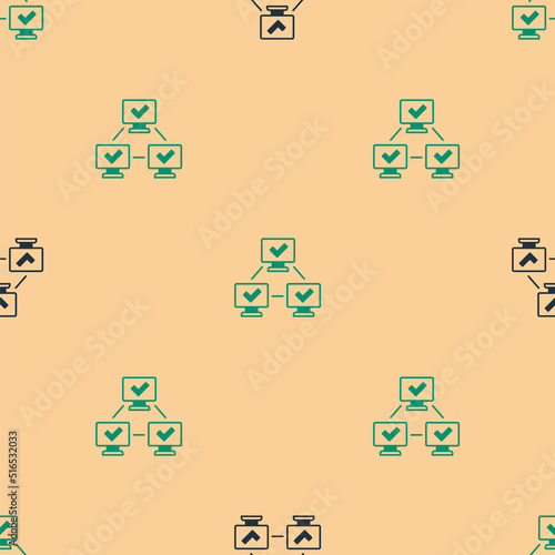 Green and black NFT blockchain technology icon isolated seamless pattern on beige background. Non fungible token. Digital crypto art concept. Vector