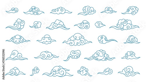 Chinese line clouds. Asian line ornament of nature elements, Korean Japanese oriental decoration art. Vector retro graphic on sky background texture