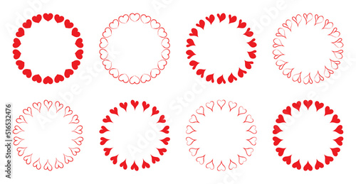 Heart wreath. Hearts circle. Pink round frames for love. Decorative border valentine. Cute wedding design elements. Modern red scallop for romantic card. Vector