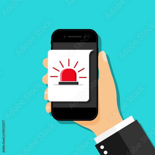 Alarm alert message in smartphone. Icon of danger. Notification of siren in phone. Warning of error. Caution of fraud and spam. Hand hold device with security app. Vector