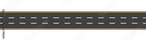Asphalt road with yellow and white lines. Straight line for highway and street in city. Roadway for car. Path with four lanes. Black track for traffic of transport. Vector photo