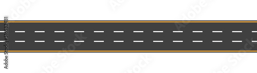 Asphalt road with yellow and white lines. Straight line for highway and street in city. Roadway for car. Path with four lanes. Black track for traffic of transport. Vector