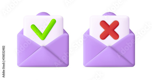 Mail icon. 3d envelope with done check and cross. Email message with letter. Paper document with notification. Opened sms for ui, creative button and website. Vector