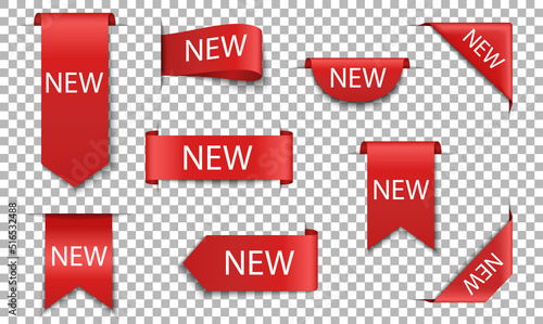 New red ribbons. Sale tags. Labels for price, discount and offer. Modern 3d design promotion banners for product. Collection of icons for special offer. Flags with corners isolated. Vector