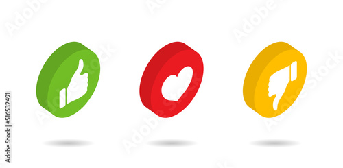 3d like button. Isometric icons of thumb, heart and dislike. Logos for social media with love, awesome, up andpositive emoticons. Symbol for notification, message, vote. Vector