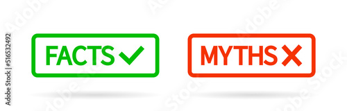 Myths and facts. Truth and false icons. Stamp of check, true and fiction. Outline badges with shadow for news isolated on white background. Vector