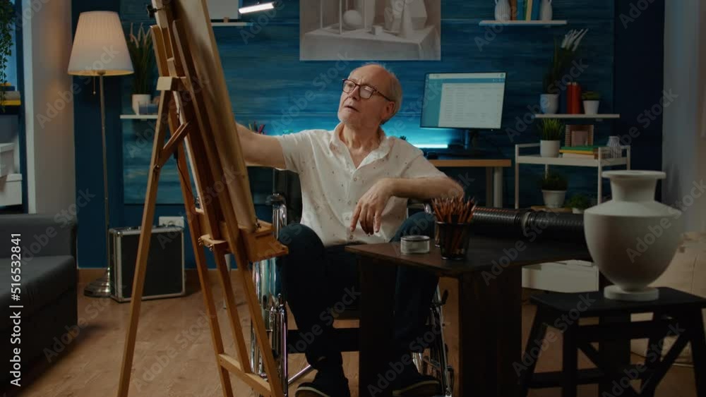 Retired adult living with disability and drawing sketch on canvas, using professional tools to create modern art. Wheelchair user with chronic health condition having vase to draw artwork. Retired adult living with disability and drawing sketch on canvas, using professional tools to create modern art. Wheelchair user with chronic health condition having vase to draw artwork.