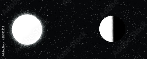 Star and planet in space. Futuristic landscape, with noise texture . Night landscape with starry sky .Vector illustration