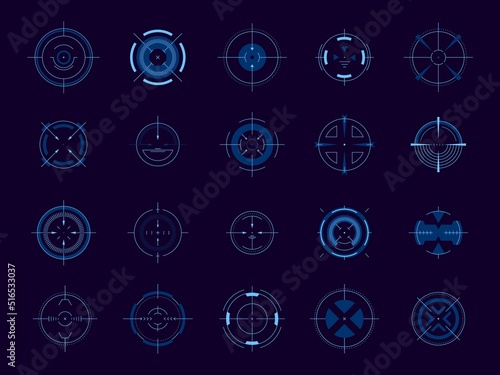 HUD circle aim. Target system futuristic game user interface, military round focus control, sniper weapon sight. Vector dashboard element set for aiming
