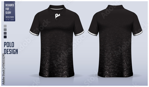 Black polo shirt mockup template design for soccer jersey, football kit, golf, tennis, sportswear. Black camouflage pattern