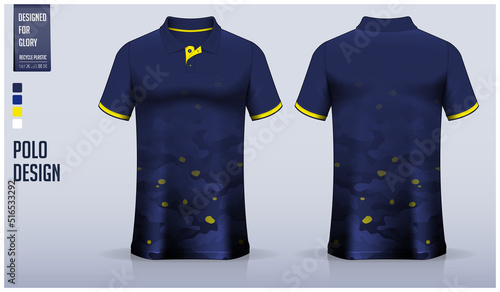 Blue polo shirt mockup template design for soccer jersey, football kit, golf, tennis, sportswear. Blue camouflage pattern