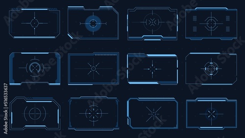 HUD frame. Sci-Fi game screen interface element, target border UI, futuristic digital aim panel, modern tech viewfinder. Vector game asset of aiming frames