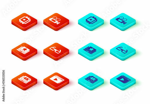 Set Laptop with 4k video, Online play, star, 3D cinema glasses, Cinema camera and ticket icon. Vector