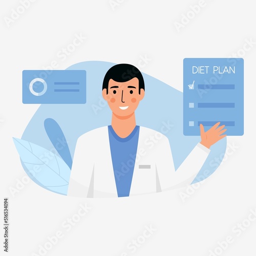 Male nutritionist, with a plan for proper nutrition, vector illustration.