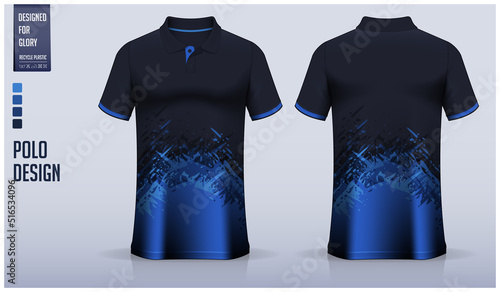 Blue polo shirt mockup template design for soccer jersey, football kit, golf, tennis, sportswear. Grunge texture pattern. photo