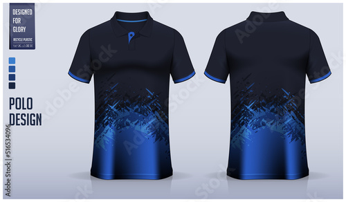 Blue polo shirt mockup template design for soccer jersey, football kit, golf, tennis, sportswear. Grunge texture pattern.