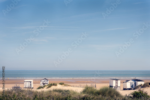 Canvas Print Beach huts on Bleriot beach in summer, Pas de Calais, France