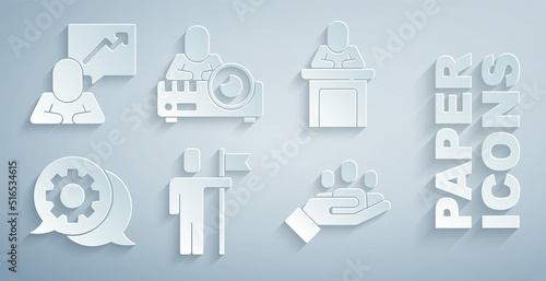 Set Team leader, Speaker, Speech bubble chat, Hand for search people, Media projector and icon. Vector