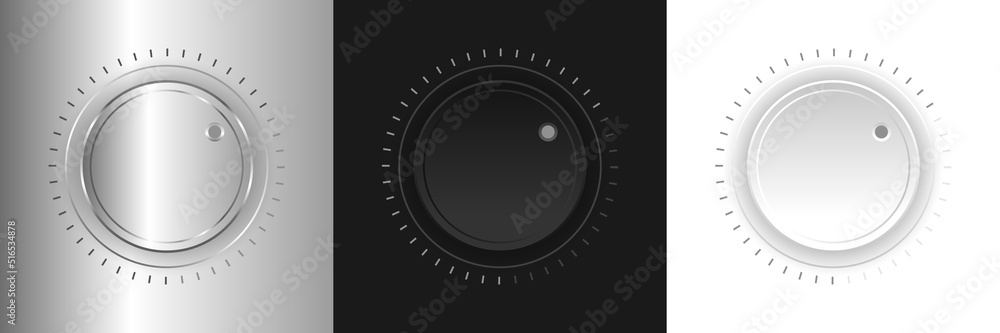 Set of realistic control knob. Metallic, black end white regulator knob collection. Volume regulator. Vector illustration Set of realistic control knob. Metallic, black end white regulator knob collection. Volume regulator. Vector illustration