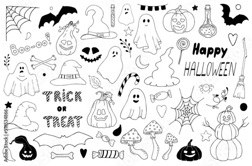 Fototapeta Naklejka Na Ścianę i Meble -  Vector doodle set of Halloween clipart. A funny hand draw, cute illustration for seasonal design, textiles, decoration of a children's playroom or a greeting card. Pumpkins, ghosts, witch hats, etc