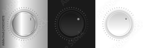 Set of realistic control knob. Metallic, black end white regulator knob collection. Volume regulator. Vector illustration