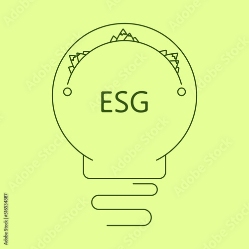 linear illustration on the theme of environmental conservation the image of mountains in the outline of a light bulb and the inscription ESG