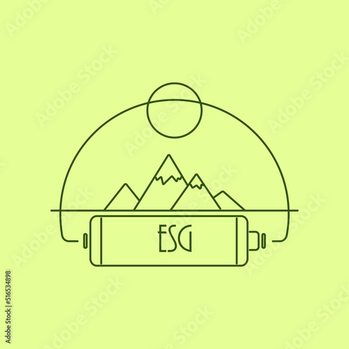 linear illustration on the theme of environmental conservation image of a battery against the background of nature and the inscription ESG