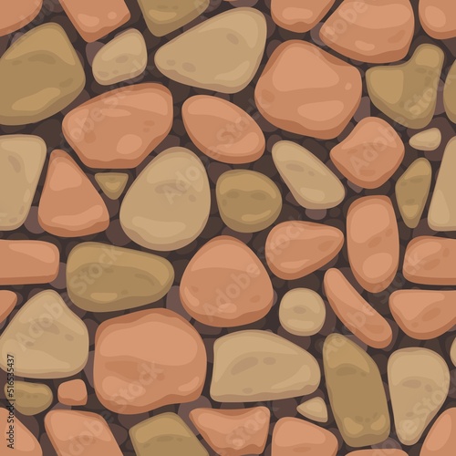 Cartoon paving street. Floor pavement tile, garden patio and road sidewalk paving plan, seamless pattern of cobblestone walkway. Vector texture