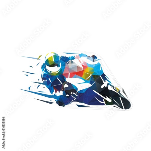 Road motorbike racing, abstract low polygonal isolated vector illustration, front view. Geometric motorcycle racing logo from triangles