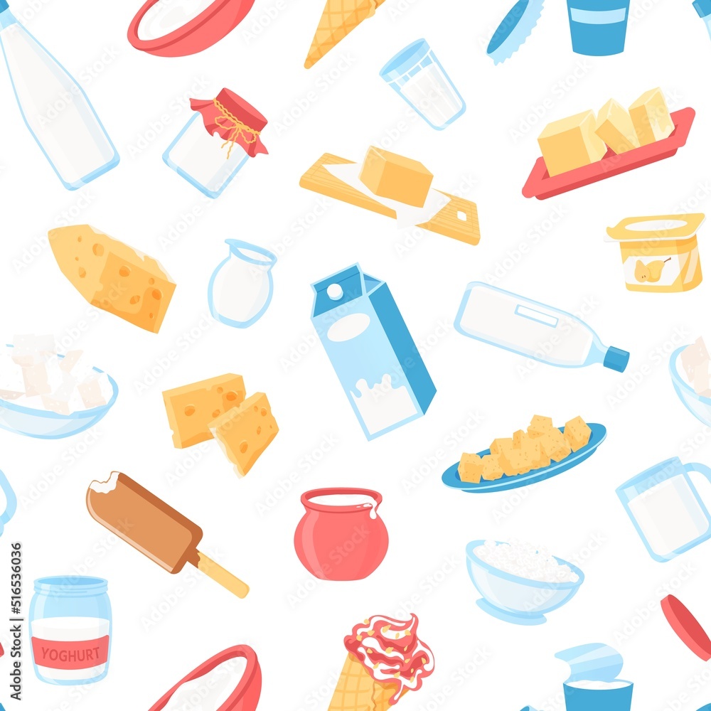 Dairy products pattern. Seamless print of milk in various packages and glass, cheese yoghurt butter cottage cheese organic farm products. Vector healthy food texture