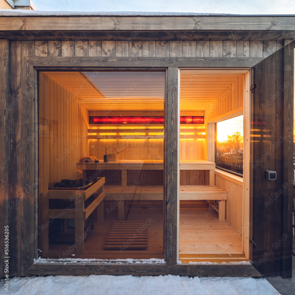 custom made wallpaper toronto digitalSmall wooden finnish sauna with glass door on terrace of cottage.