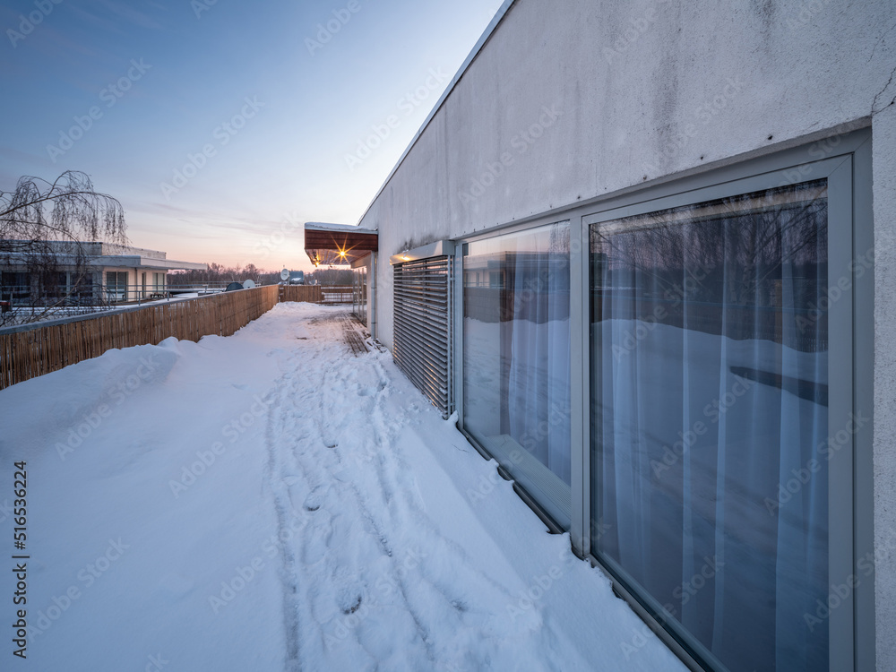 Modern exterior of luxury private house at winter. Cottage. Modern exterior of luxury private house at winter. Cottage.