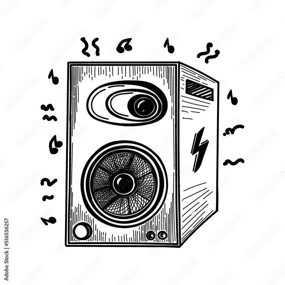 An acoustic speaker, a handdrawn sketchstyle doodle. Music speaker