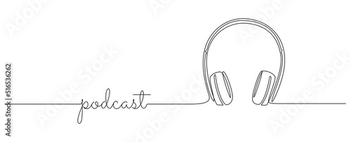 Continuous one line drawing of headphones speaker for podcast web banner. Music gadget and earphones devices in simple linear style. Editable stroke. Doodle vector illustration