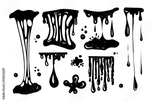 A set for working with blobs. Doodle style drawn elements. Black splashes of slime, stretching slime, toxic dripping slime. Slime splatter and droplets, liquid borders. Isolated vector shapes.