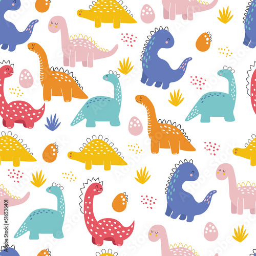 Hand drawn vector pattern with dino. Seamless pattern with dinosaurs, eggs and tropical bushes in doodle style. Children's wallpaper, print on clothes.