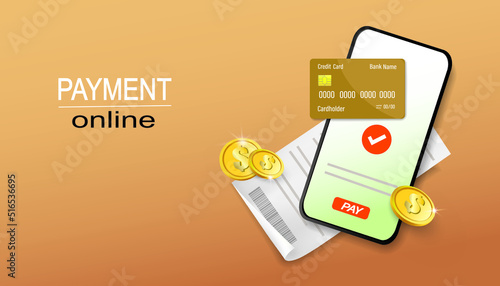 Mobile phone, credit card, check, styled coins with a dollar icon on an orange background with an inscription Payment online. The concept of mobile payments, shopping, banking through a smartphone.