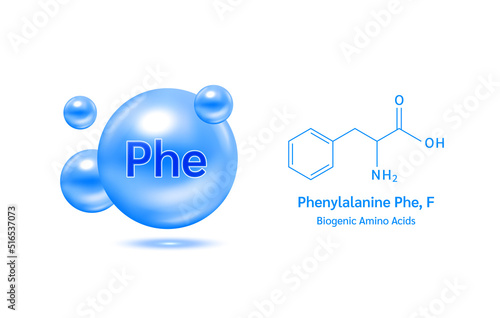 Important amino acid phenylalanine and structural chemical formula and line model of molecule. Arginine blue on a white background. 3D Vector Illustration. Medical and scientific concepts.