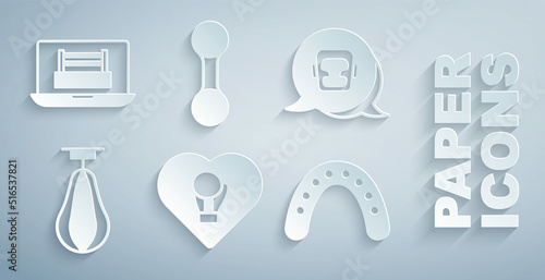 Set Boxing glove, helmet, Punching bag, Mouth guard boxer, Dumbbell and ring icon. Vector