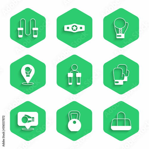 Set Jump rope, Weight, Sport bag, Boxing glove, and icon. Vector
