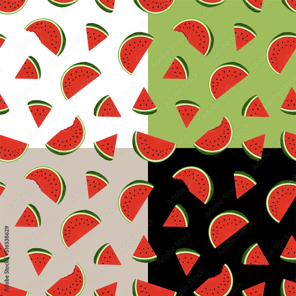 Set of seamless patterns with watermelon slice. Autumn harvest of watermelons. Ornament for decoration and printing on fabric. Design element. Vector Set of seamless patterns with watermelon slice. Autumn harvest of watermelons. Ornament for decoration and printing on fabric. Design element. Vector